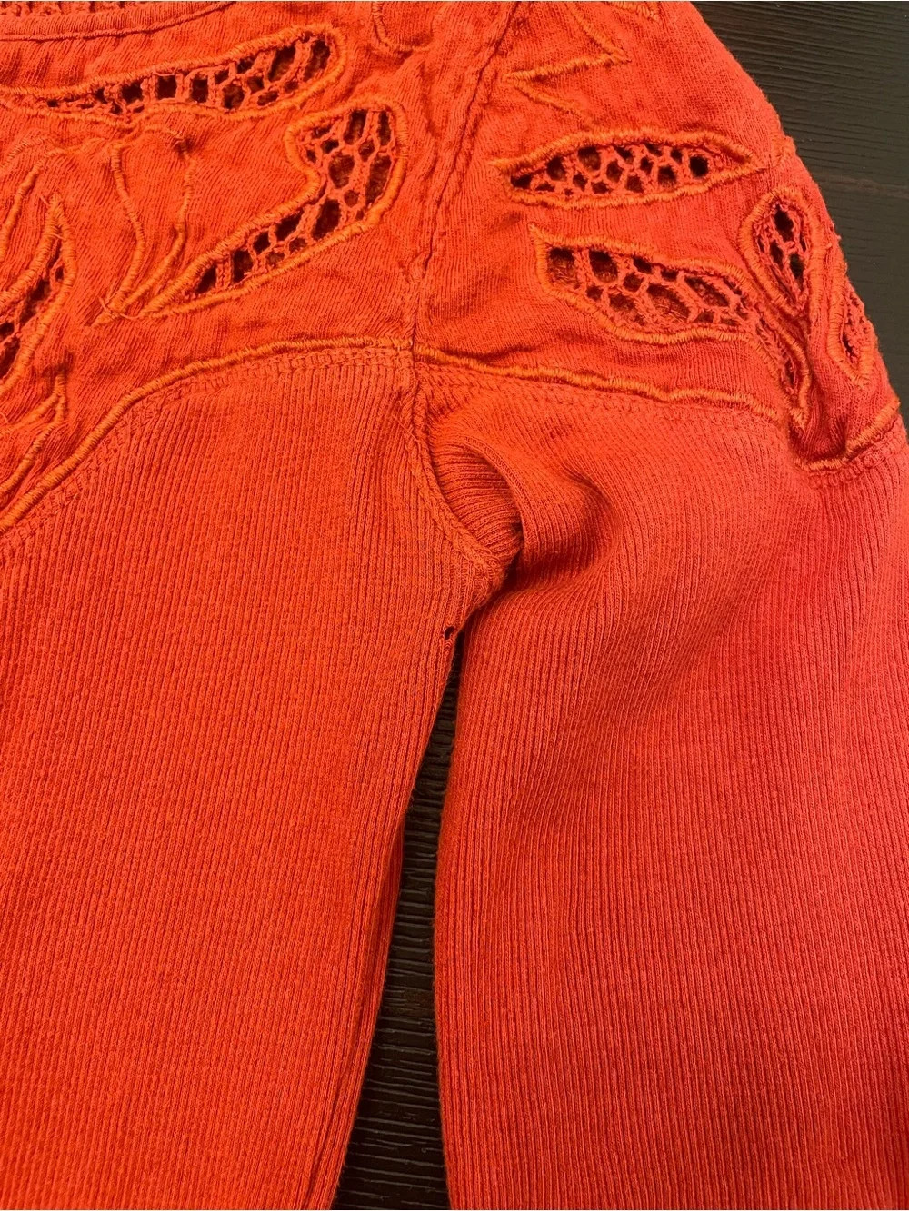 Free People Burnt Orange Long Sleeve Lace-Detail Ribbed Cotton Knit Keyhole Top